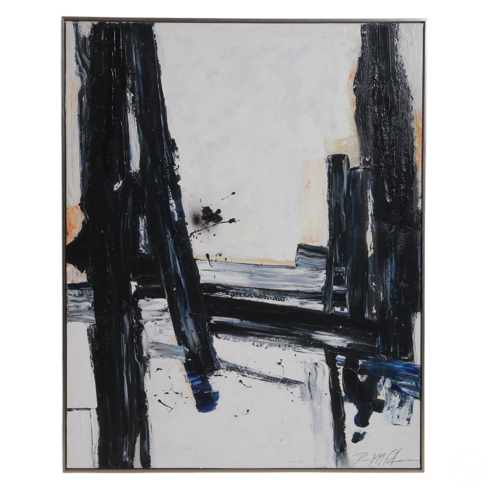 Contemporary Abstract Oversize Bridge Oil Painting: Original abstract oil painting on canvas featuring a monochrome palette of black and white with subtle blue and ochre accents. Composed of gestural brushstrokes forming intersecting vertical and horiz