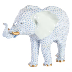 Herend Porcelain Blue Fishnet Elephant Figurine
