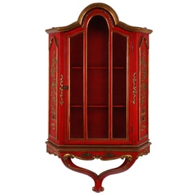 Italian Red Chinoiserie Gilt Wall Cabinet Vitrine