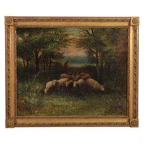 Antique Shepherd Tending His Flock Painting SIGNED