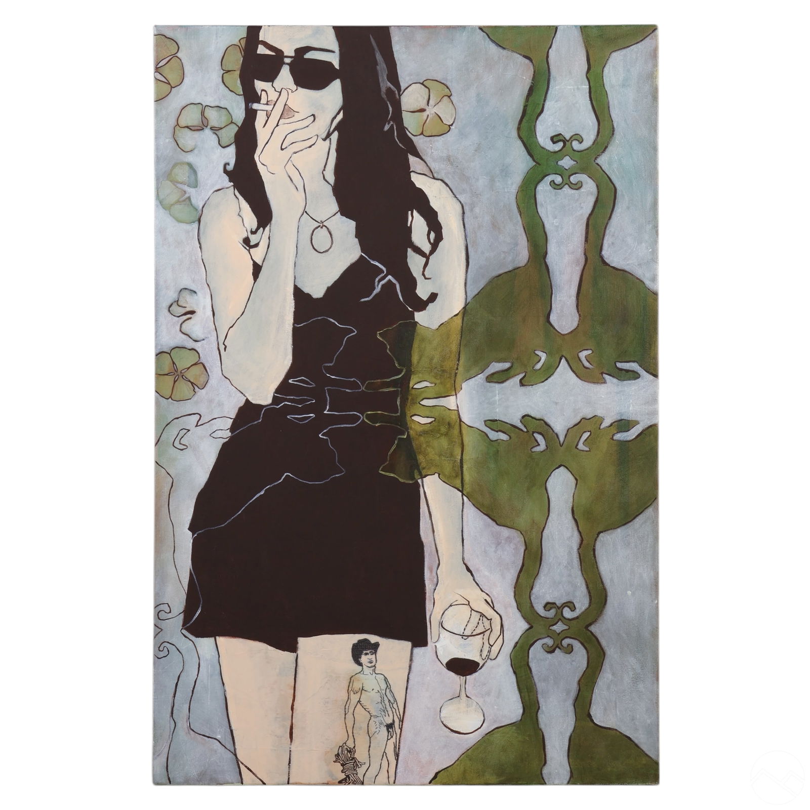 Carrie Sieh b.1978 Modernist Embroidered Painting: Carrie Sieh (American, born 1978), original mixed media painting on canvas. The composition depicts a woman in a black dress and sunglasses holding a glass of wine and a cigarette, set against a pale