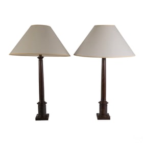 Pair Bronze Neoclassical Column Style Table Lamps