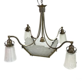 French Art Deco Glass & Chromed Bronzed Chandelier