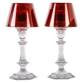 Baccarat Pair Red Harcourt Our Fire Candlesticks