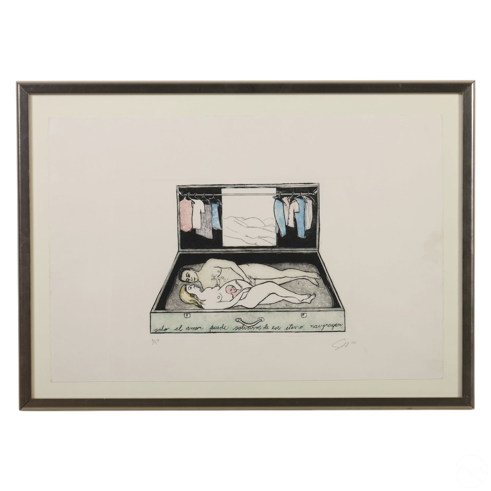 Sandra Ramos Lorenzo b.1969 Surreal Etching SIGNED: Sandra Ramos Lorenzo (Cuban, born 1969), original etching on paper featuring a surreal composition of a nude male and female with a newborn baby lying within an open suitcase, surrounded by hanging cl