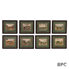 Antique Hand Colored Tropical Fish Etching 8pc SET