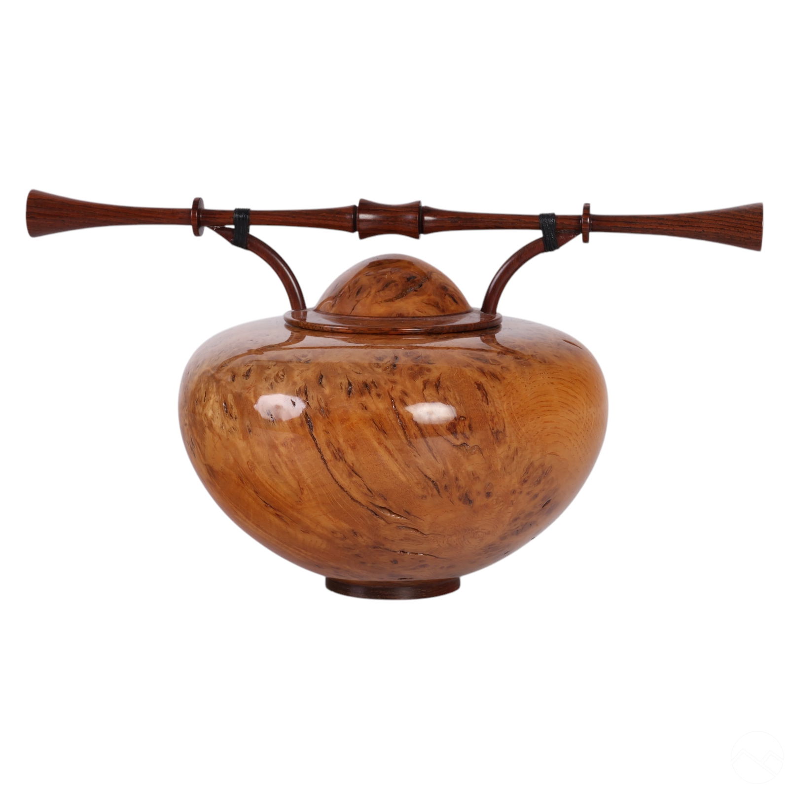 Matthew Hatala b.1952 Lacquered Wooden Urn Vessel: Mathew Hatala (American, born 1952), studio art wood vessel featuring a richly figured burl body with a high-gloss finish. The form is complemented by a sculptural wood finial handle resembling a hori