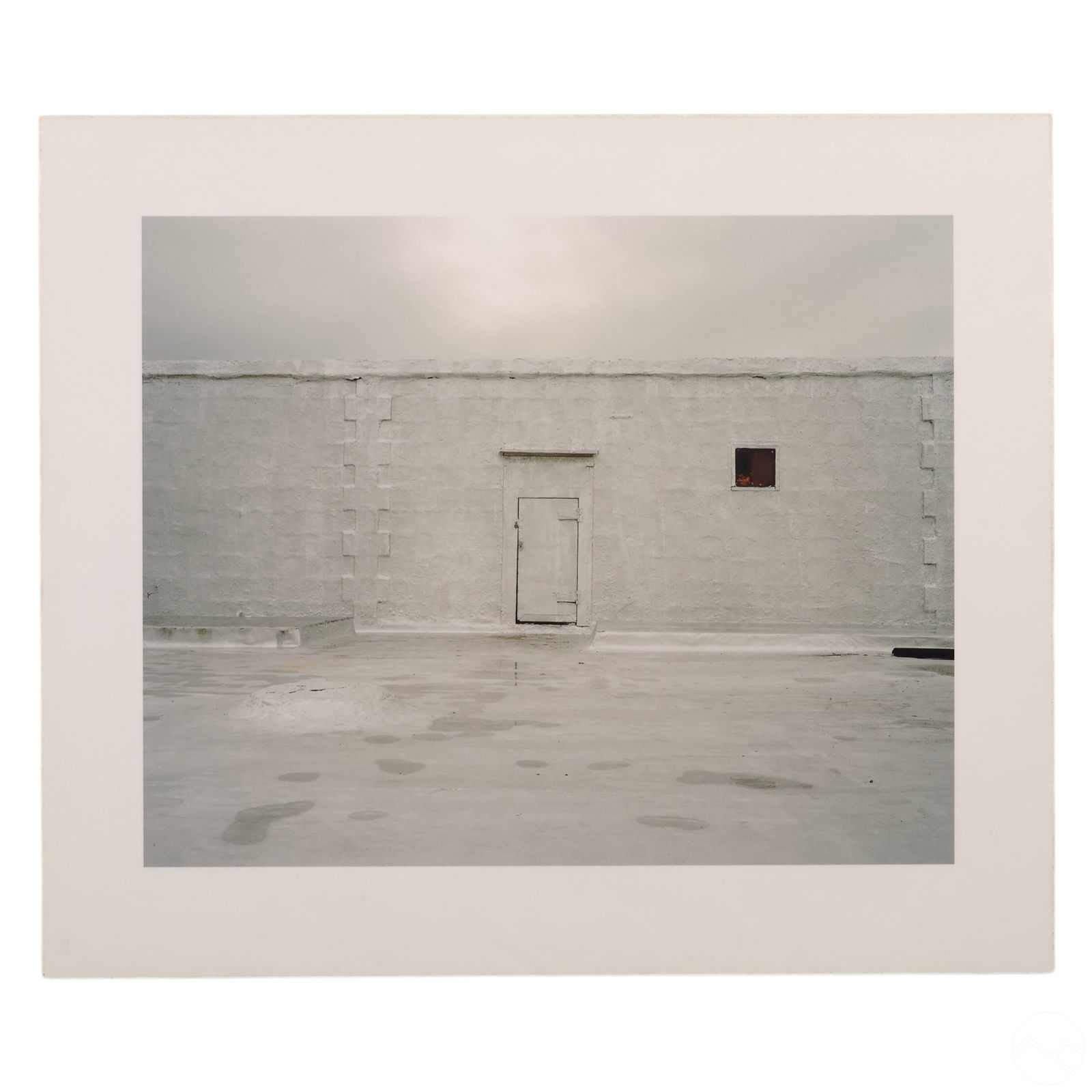 David S Allee b1969 Silver Roof Metal Print SIGNED: David S. Allee (American, born 1969), Silver Roof, New York, 2000, limited edition photograph on metal. Depicting a minimalistic urban rooftop scene with a small door and window on a textured wall. Si