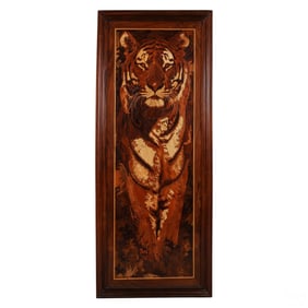 Vintage Inlay Wood Marquetry Panel of Regal Tiger