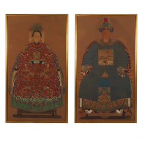 Chinese Pair Antique Ancestors Portrait Paintings