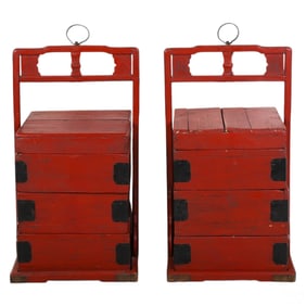 Chinese Pair Red Lacquer Handled Segmented Boxes