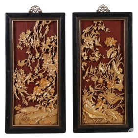 Chinese Pair of Deep Relief Golden Lacquer Panels