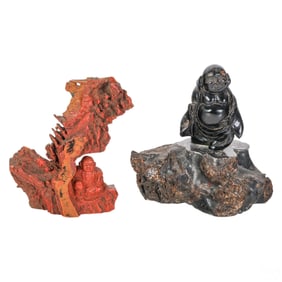 Chinese Black Coral & Lacquer Wood Buddha 2pc. LOT