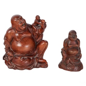 Chinese Carved Wood Laughing Buddha Figure 2pc LOT