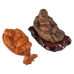 Chinese Carved Wood Reclining Buddha Statue 2p LOT