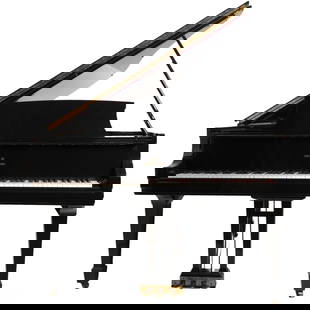 Steinway & Sons New York Model M Baby Grand Piano: Steinway & Sons, Model M style baby grand piano with a classic black ebony lacquered finish, showcasing the iconic craftsmanship. This instrument features a classic curved tail, butterfly lid, and the