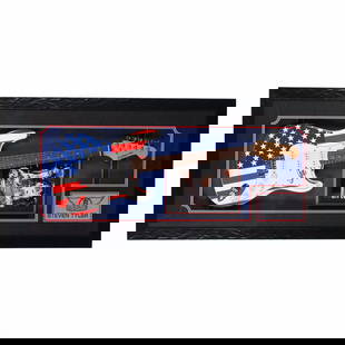 Steven Tyler Aerosmith SIGNED Electric Guitar JSA: Autographed Steven Tyler Steadman Pro electric guitar featuring an American flag design, signed by the Aerosmith frontman across the pickguard. The guitar is displayed in a custom shadowbox alongside