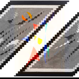 Pierre Olofsson 1921-1996 Abstract Mono-Type Print: Pierre Olofsson (Swedish, 1921-1996), abstract modernist color monoprint on paper featuring intersecting geometric shapes in red, yellow, blue, green, black, and white against a textured gray backgrou