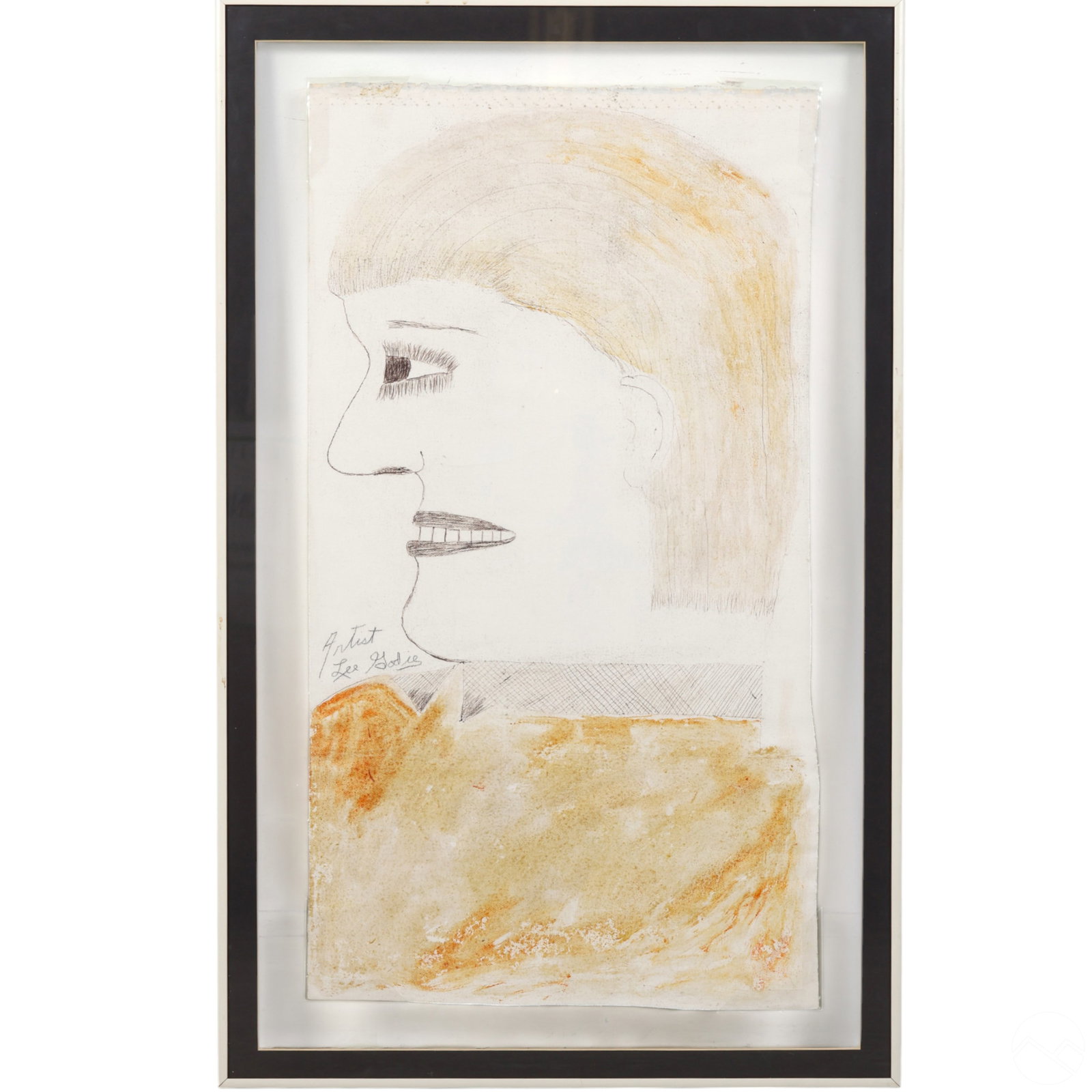 Lee Godie 1908-1994 Outsider Art Portrait Drawing: Lee Godie (American, 1908-1994), double-sided graphite and paint portrait drawings on unprimed canvas, in artist's outsider art style. One side presents a stylized female profile with an arched brow, 