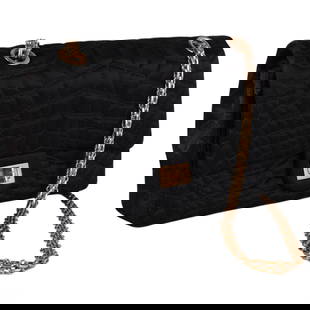 Chanel Satin Coco's Croc Reissue 227 Flap Purse: Chanel Reissue 227 double flap handbag from the Karl Lagerfeld era, crafted in black quilted satin with a distinctive croc-embossed motif. This elegant and collectible piece features the signature gol