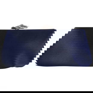 Chanel Blue Satin Crystal Camellia Evening Clutch: Chanel navy blue satin evening clutch purse handbag featuring a structured form and a crystal-embellished camellia flower clasp with the iconic CC logo. The interior is lined in matching tonal satin