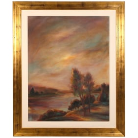 Antique Atmospheric River Landscape Oil Painting