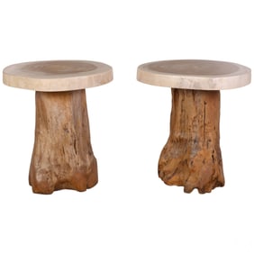 Whitewashed Pair Wooden Tree Stump Side End Tables