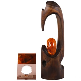 Baltic Amber Specimen and Wooden Sculpture 2pc LOT