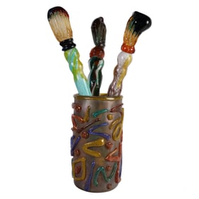 Studio Art Glass Vase with Paint Brushes Sculpture