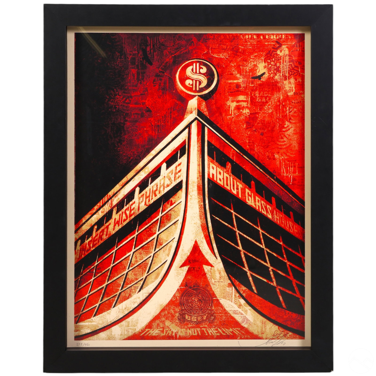 Shepard Fairey b.1970 Glass House 2010 L/E SIGNED: Shepard (Sheppard) Fairey (American, born 1970), a color lithograph on paper titled Glass House, 2010, depicting architectural forms integrated with text reading "Insert Wise Phrase" and "About Glass 