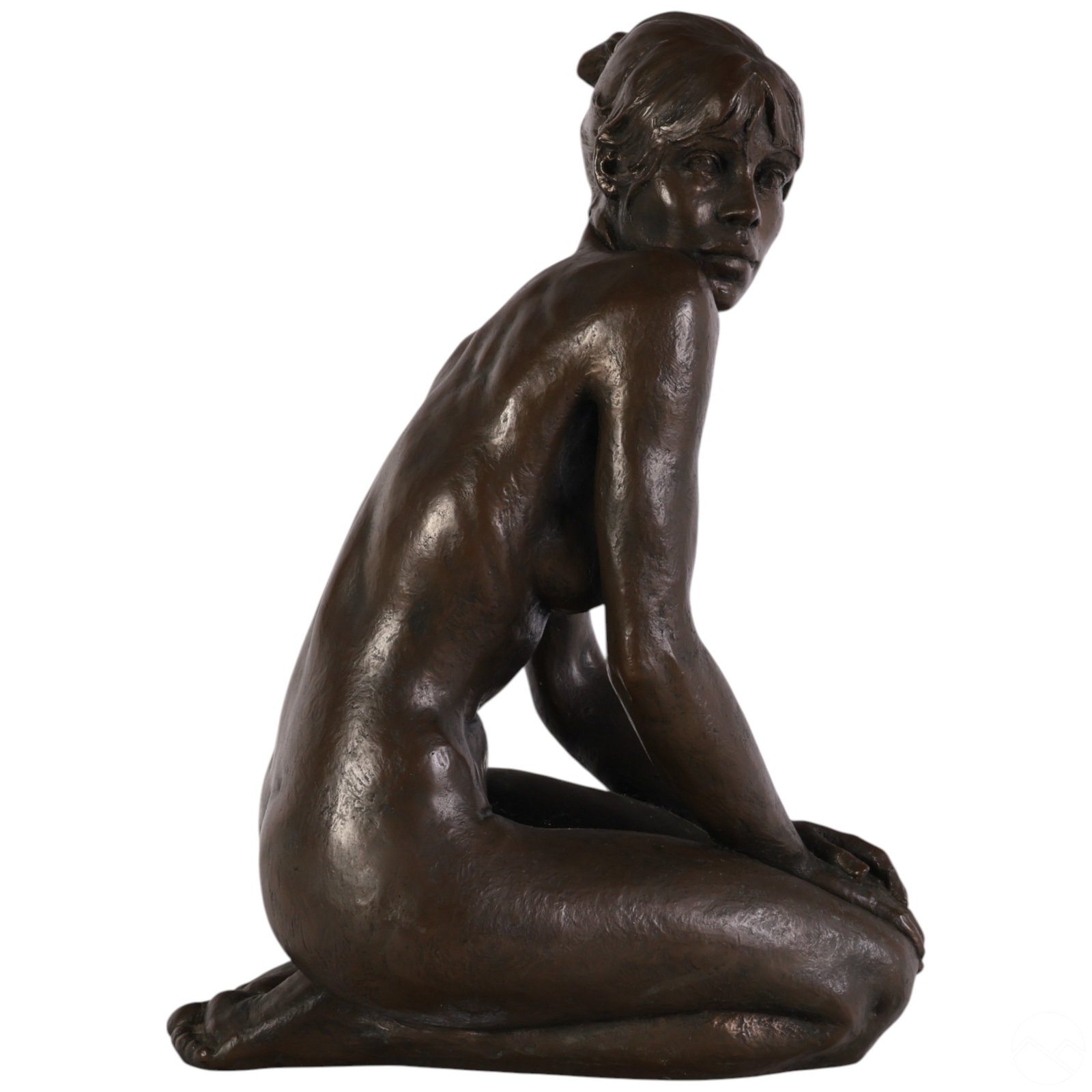 Jacques Le Nantec B.1940 Bronzed Nude Sculpture: Jacques Le Nantec (French, born 1940), bronzed composition sculpture depicting a nude female figure seated on her legs with hands clasped and head turned in profile. Artist signed and dated 1988, with