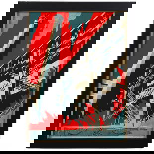 Shepard Fairey (b.1970) Fossil Factory 2017 SIGNED: Shepard (Sheppard) Fairey (American, born 1970), Fossil Factory, 2017, color screenprint on paper depicting a towering industrial structure with smokestack and scaffolding, set against a vivid red bac