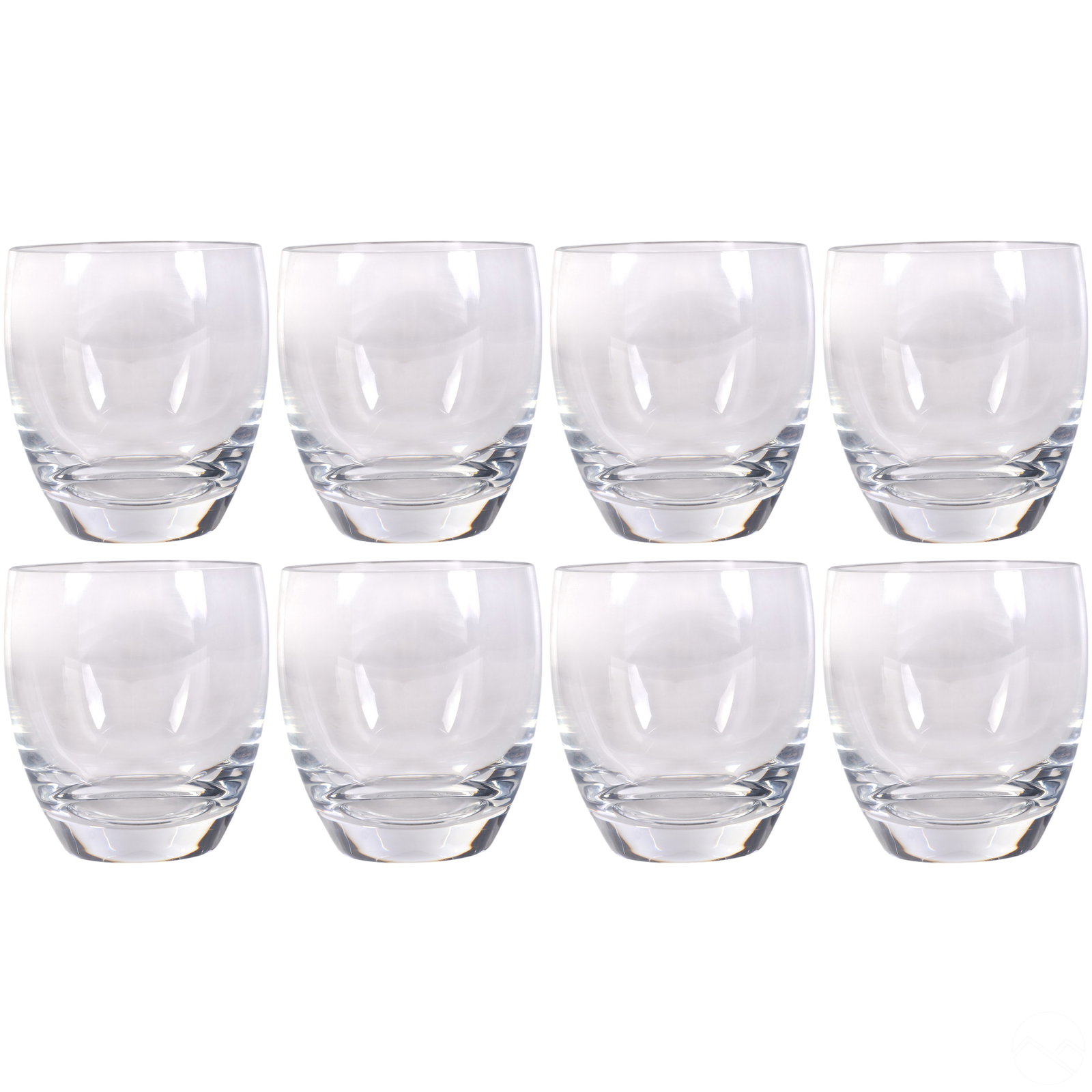 Baccarat Barrel Shape Perfection Tumblers 8pc SET: Set of eight Baccarat French fine crystal tumblers in the Perfection pattern, including six 15 oz barrel-shaped flat tumblers and two 10 oz tumblers, each measuring approximately 3 5/8" in height. Eac