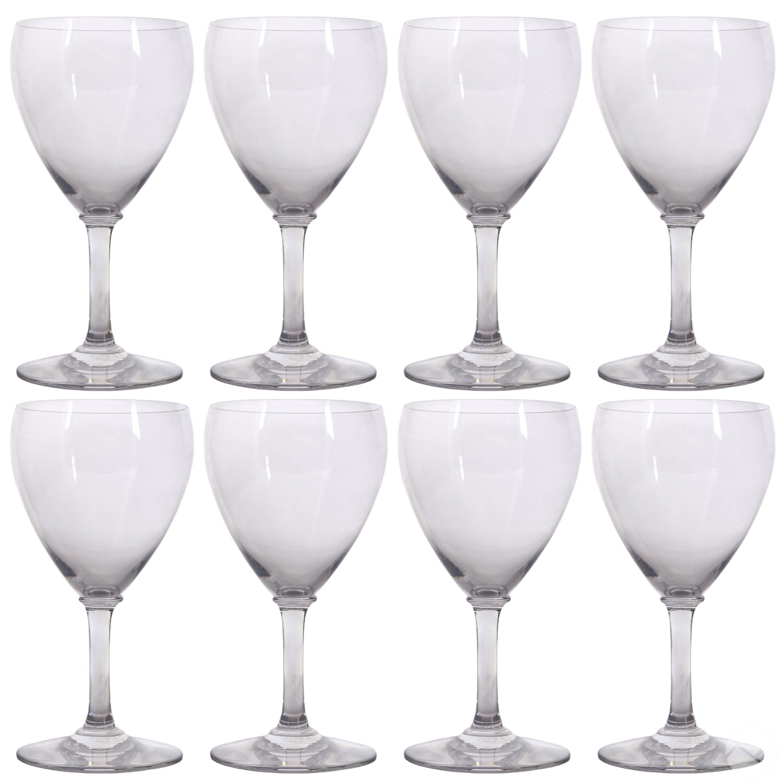 Baccarat Crystal Chambolle Claret Wine Glasses 8pc: Set of eight Baccarat French fine crystal claret wine glasses in the Chambolle pattern, each featuring a clear tapered bowl, slender stem, and circular foot. Etched Baccarat maker's mark on the unders