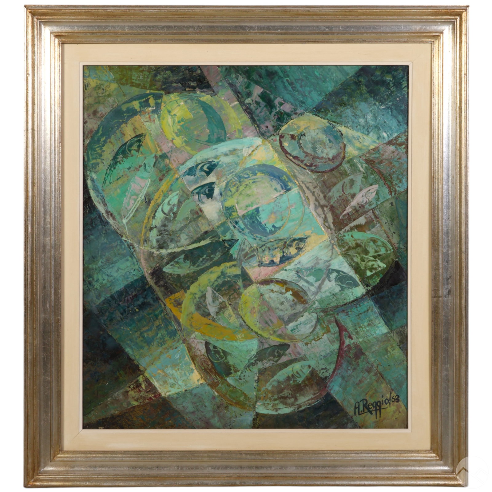 Reggio 20C Italian Modernist Abstract Oil Painting: A. Reggio (Italian, 20th century), Pesci in Bocca e in Mare, 1963, oil on board modernist painting featuring an abstracted composition in a muted palette of blue-green, chartreuse, and soft rose. The 