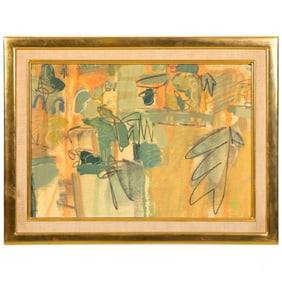 Modern Abstract Gold Green Swirls Painting SIGNED