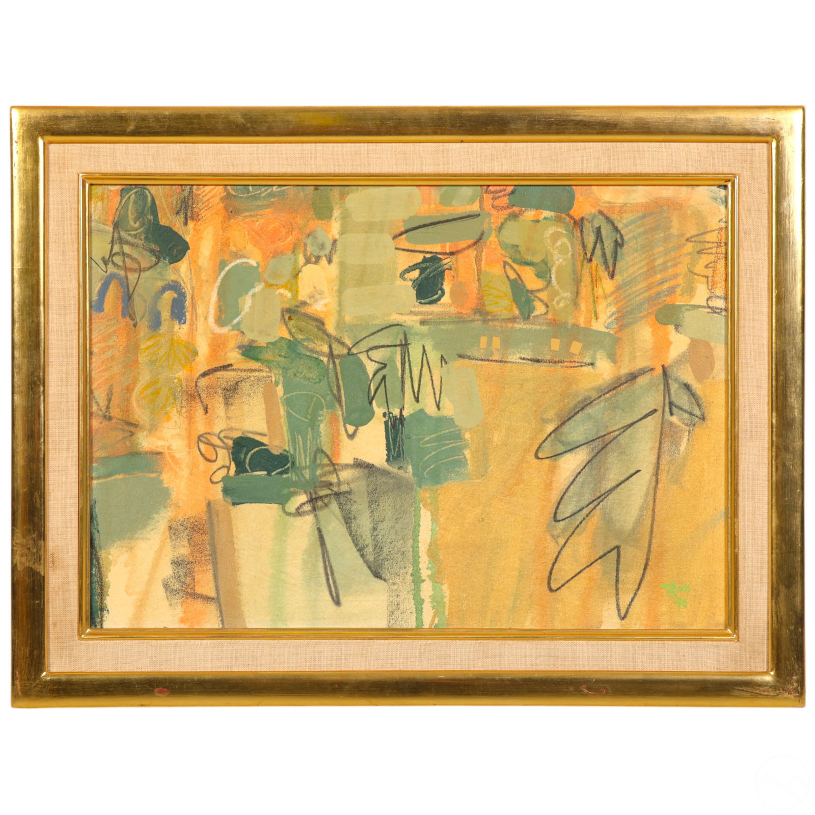 Modern Abstract Gold Green Swirls Painting SIGNED (1 of 6)