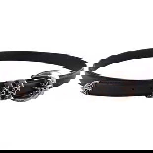 Chrome Hearts Sterling Buckle on a Leather Belt: Chrome Hearts unisex belt featuring a sterling silver four-piece buckle set on premium black leather. Reverse of the buckle is stamped "CHROME HEARTS .925" and "STERLING." Measures approximately 38" l