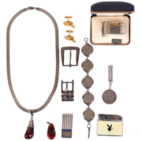 Silver Buckles Necklace w/ Amber Coin Bracelet LOT
