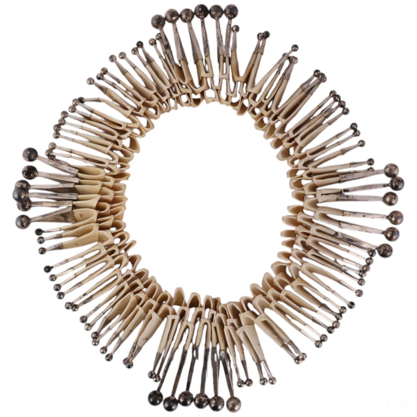 Perez Sanz 20C Silver & Parchment Runway Necklace: Perez Sanz (Argentina, 20th century), sculptural avant-garde runway necklace featuring folded parchment elements arranged in a dramatic circular formation. The radial, architectural design is accented