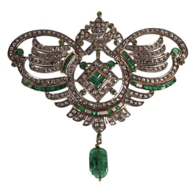 14k Gold Diamond & Emerald Antique Pendent Brooch