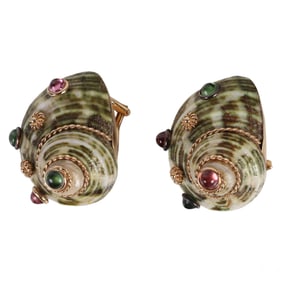 Pair of 14k Gold MAZ Gemstone Seashell Earrings