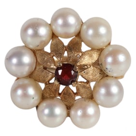 14k Pearl and Garnet Floral Cluster Cocktail Ring