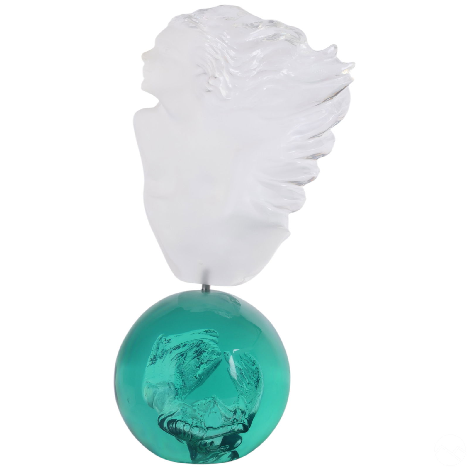 Yaacov Heller b.1941 Lucite Nude Sphere Sculpture: Yaacov Heller (Israeli, born 1941), limited edition figural sculpture composed of clear and frosted Lucite with a green acrylic sphere base. The artwork depicts a frosted bust of a woman with flowing