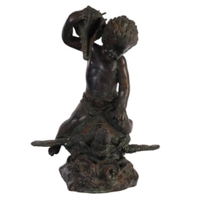 Bronze Putto & Shell Riding a Sea Turtle Sculpture