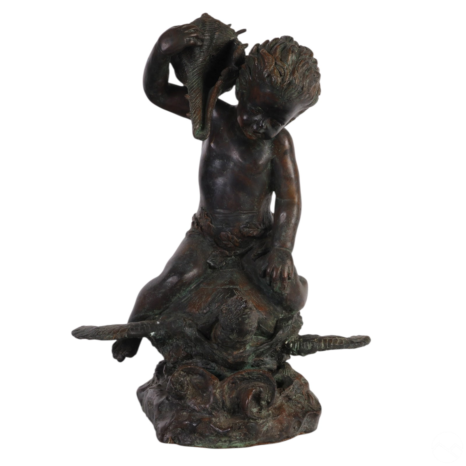 Bronze Putto & Shell Riding a Sea Turtle Sculpture: Patinated bronze sculpture depicting a nude putto riding a sea turtle while holding an oversized conch shell over his shoulder. Cast in dark bronze with green and reddish-brown patina, the work evokes