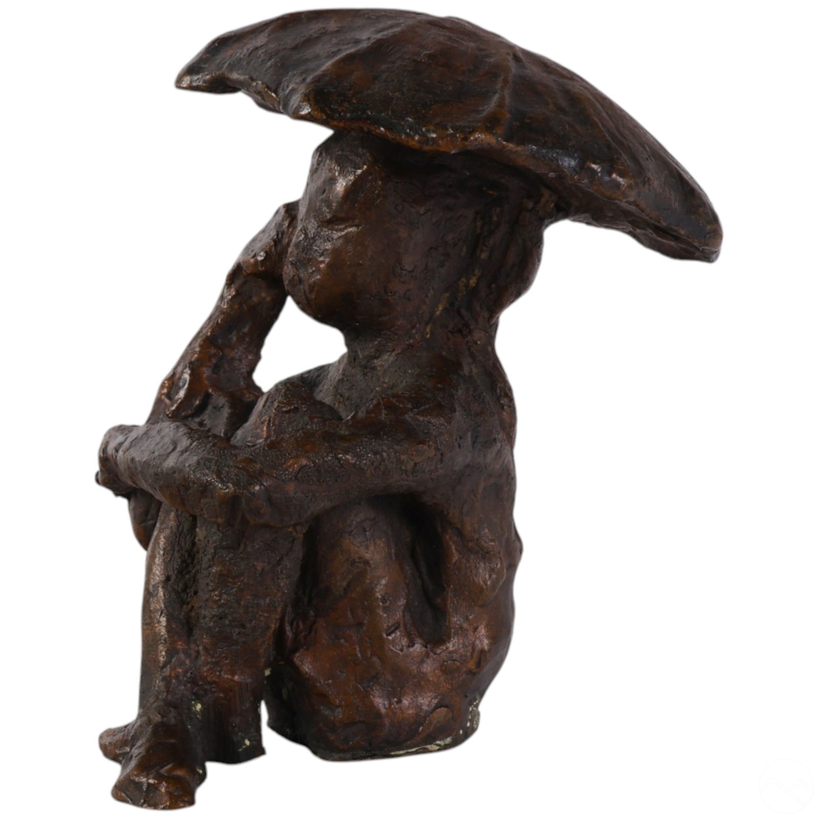 Victor Salmones 1937-1989 Bronze Figural Sculpture: Viktor Salmones (Mexican, 1937-1989), modernist bronze sculpture depicting a stylized seated figure holding an oversized umbrella or parasol. The cross-legged form is rendered in an expressive, abstra
