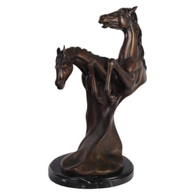 Bronze Dual Horse Bust on Marble Base Sculpture