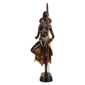 Polychrome Bronze African Tribal Warrior Sculpture
