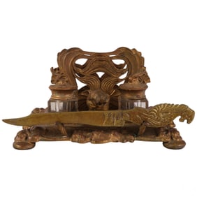 Bronze Lion & Double Glass Desk Inkwell with Stand